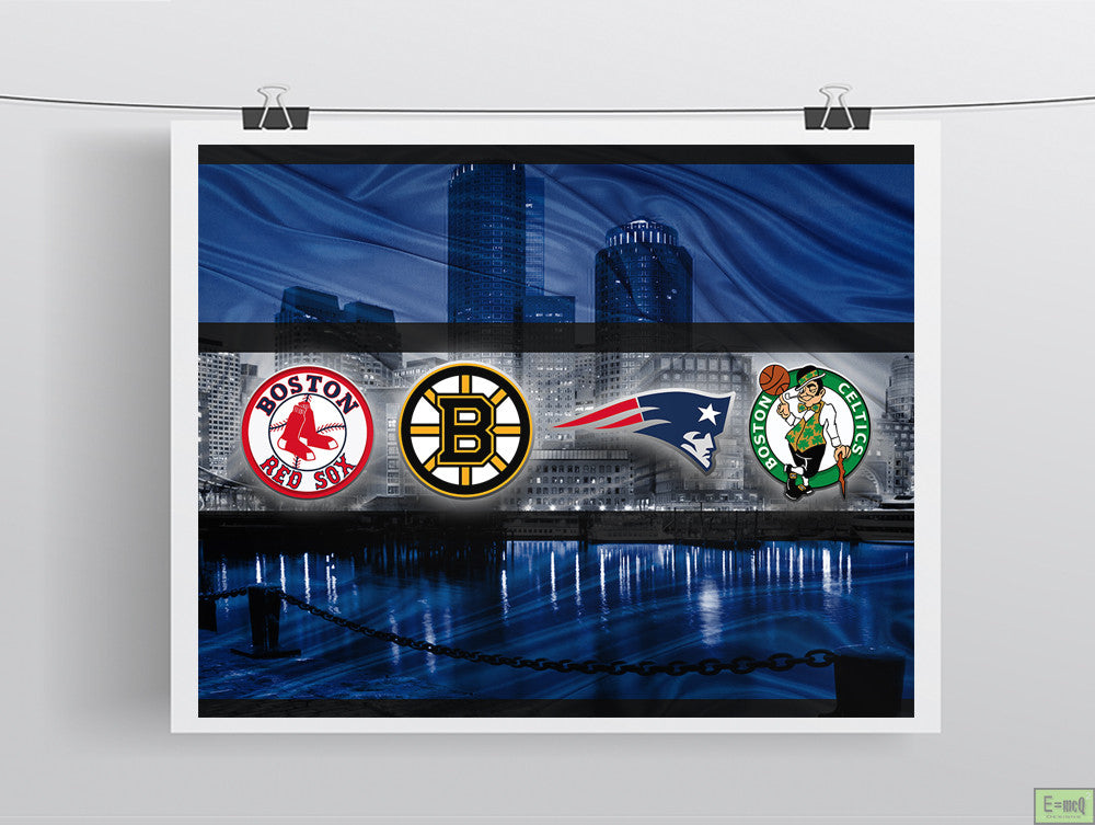 Boston Blue Sports Poster, New England Patriots, Boston Celtics, Bruins, Red Sox