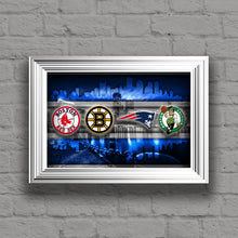 Boston Sports Teams In Front 2 Of Skyline Poster, New England Patriots, Boston Celtics, Bruins, Red Sox Man Cave, Gift