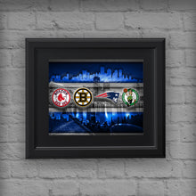 Boston Sports Teams In Front 2 Of Skyline Poster, New England Patriots, Boston Celtics, Bruins, Red Sox Man Cave, Gift