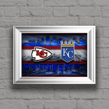 Kansas City Sports Poster, Kansas City Missouri Sports  Artwork, Chiefs and Royals in front of KC Skyline, Chiefs Royals Gift