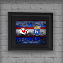 Kansas City Sports Poster, Kansas City Missouri Sports  Artwork, Chiefs and Royals in front of KC Skyline, Chiefs Royals Gift