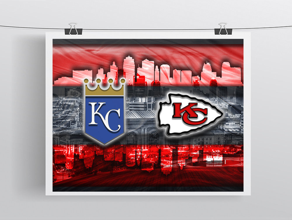 Kansas City Sports In Front Of Skyline Poster, Kansas City Missouri Sports  Artwork, Chiefs and Royals in front of KC Skyline, Chiefs Royals Gift