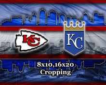Kansas City Sports Poster, Kansas City Missouri Sports  Artwork, Chiefs and Royals in front of KC Skyline, Chiefs Royals Gift