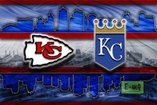 Kansas City Sports Poster, Kansas City Missouri Sports  Artwork, Chiefs and Royals in front of KC Skyline, Chiefs Royals Gift