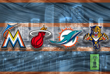 Miami Sports Poster, Miami Dolphins, Marlins, Heat, Florida Panthers, Miami Skyline