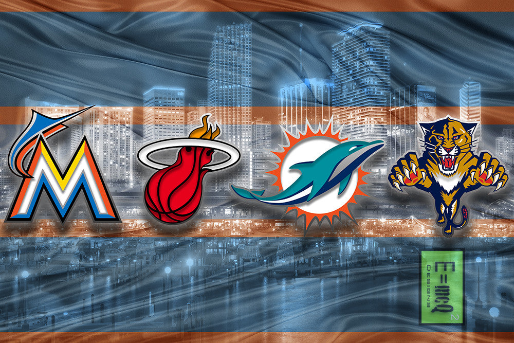 Miami Sports Poster, Miami Dolphins, Marlins, Heat, Florida Panthers, Miami Skyline