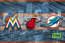 Miami Sports Poster, Miami Dolphins, Marlins, Heat, Florida Panthers, Miami Skyline