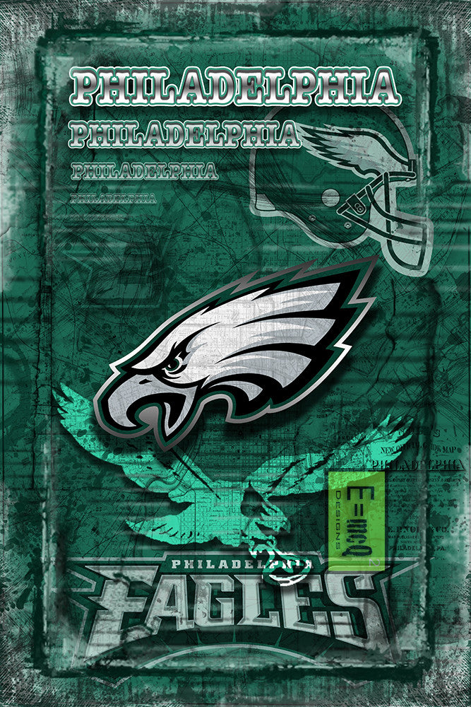 Philadelphia Eagles Football Poster, Philadelphia Eagles Artwork, Philadelphia EAGLES Man Cave Football Print in front of Philly Map