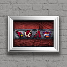 Phoenix Sports Poster, Phoenix Arizona Sports Artwork, AZ Cardinals, Coyotes, Suns D-Backs in front Desert, Arizona Man Cave