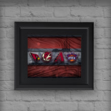 Phoenix Sports Poster, Phoenix Arizona Sports Artwork, AZ Cardinals, Coyotes, Suns D-Backs in front Desert, Arizona Man Cave