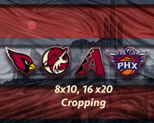 Phoenix Sports Poster, Phoenix Arizona Sports Artwork, AZ Cardinals, Coyotes, Suns D-Backs in front Desert, Arizona Man Cave