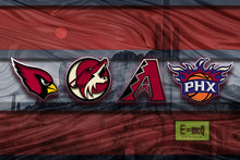 Phoenix Sports Poster, Phoenix Arizona Sports Artwork, AZ Cardinals, Coyotes, Suns D-Backs in front Desert, Arizona Man Cave