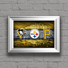 Pittsburgh Sports Teams In Front of Skyline Poster, Pittsburgh Steelers, Pittsburgh Pirates, Pittsburgh Penguins Art