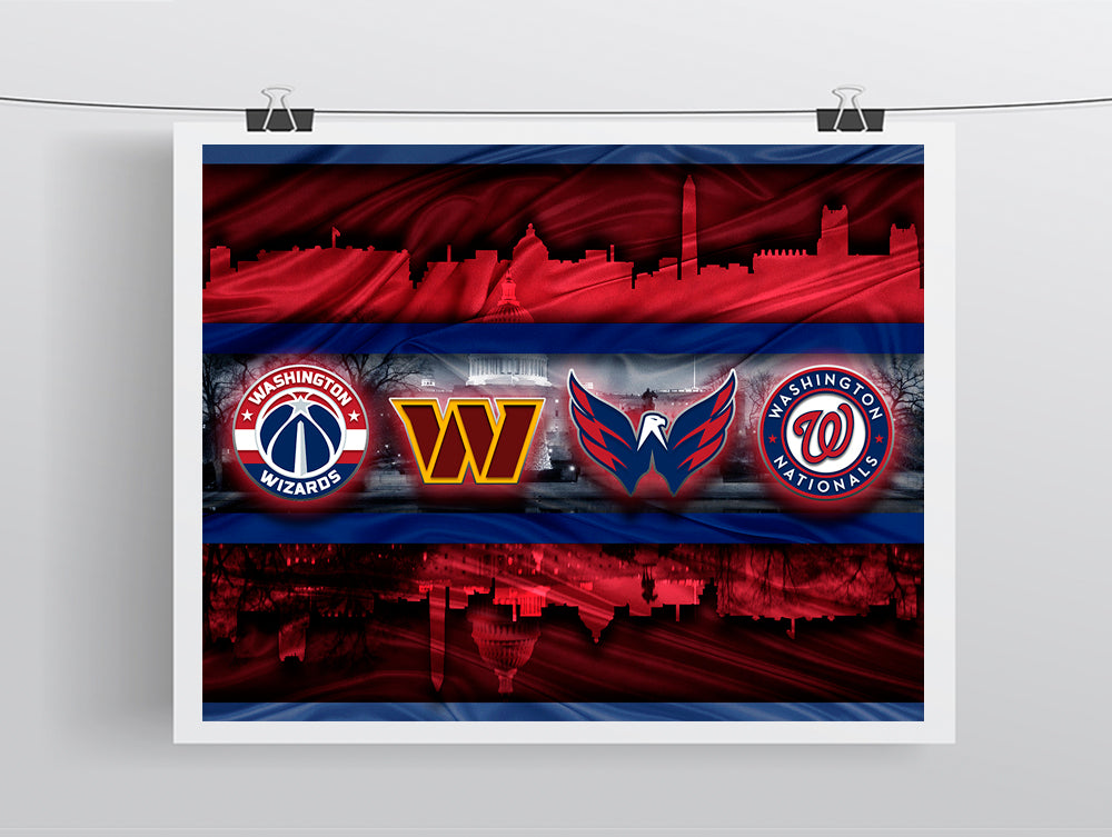 Washington Sports Teams Skyline Poster, Washington Nationals, Capitals, Washington Commanders, Wizards