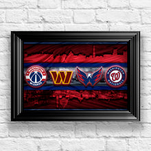 Washington Sports Teams Skyline Poster, Washington Nationals, Capitals, Washington Commanders, Wizards
