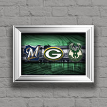 Wisconsin Sports Poster, Green Bay Packers,  Brewers,  Bucks Artwork, Milwaukee Skyline