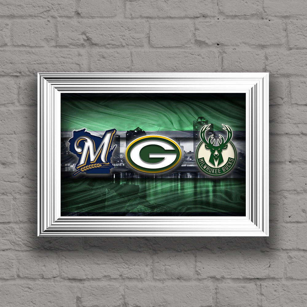 Wisconsin Sports Poster, Green Bay Packers,  Brewers,  Bucks Artwork, Milwaukee Skyline