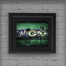 Wisconsin Sports Poster, Green Bay Packers,  Brewers,  Bucks Artwork, Milwaukee Skyline