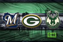 Wisconsin Sports Poster, Green Bay Packers,  Brewers,  Bucks Artwork, Milwaukee Skyline