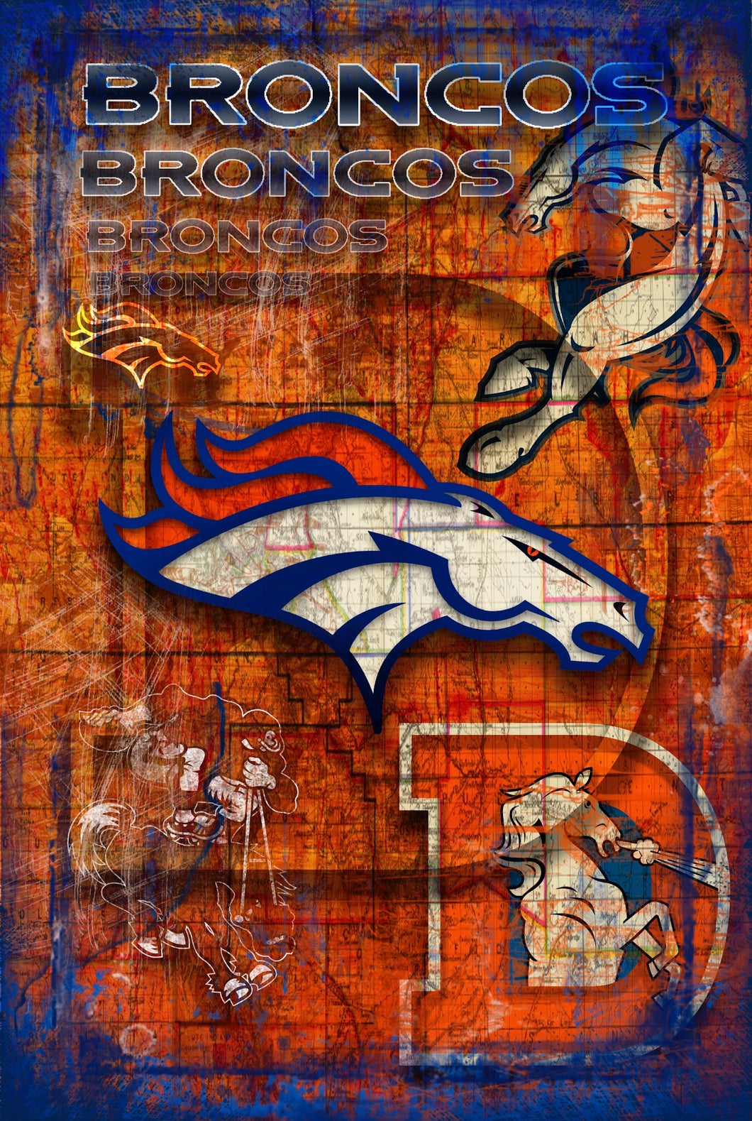 Denver Broncos Football Poster, Denver Broncos Layered Sports Print, Broncos Gift, Denver Colorado