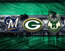Wisconsin Sports Poster, Green Bay Packers,  Brewers, Bucks Artwork, Milwaukee Skyline