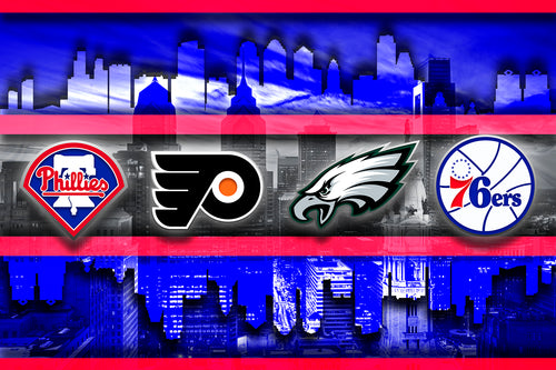 Philadelphia Sports Teams Poster Eagles, Phillies, Flyers, Sixers Skyline Artwork Philly Sports Wall Art Blue