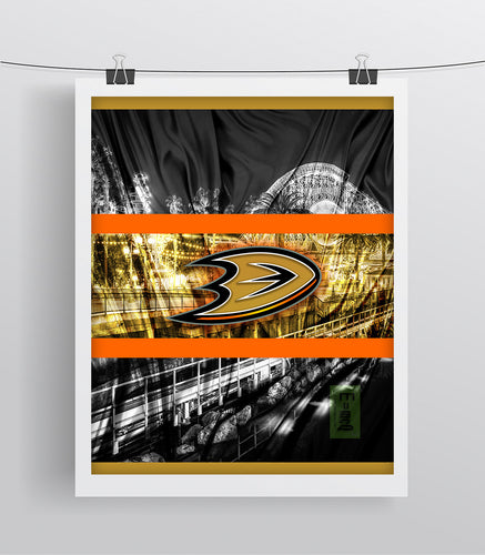 Anaheim Ducks Hockey Poster, Anaheim Ducks in front of skyline, Ducks Man Cave Print