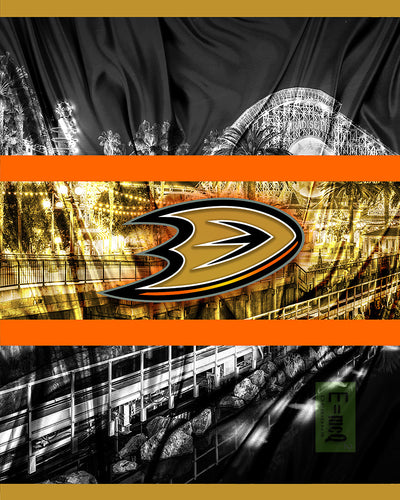Anaheim Ducks Hockey Poster, Anaheim Ducks in front of skyline, Ducks Man Cave Print