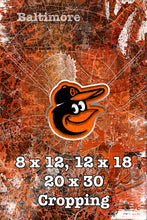 Baltimore Orioles baseball Poster, Orioles Print in front of Baltimore Map. O's Gift, Orioles Man Cave Baseball Print