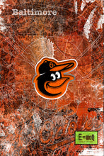 Baltimore Orioles baseball Poster, Orioles Print in front of Baltimore Map. O's Gift, Orioles Man Cave Baseball Print
