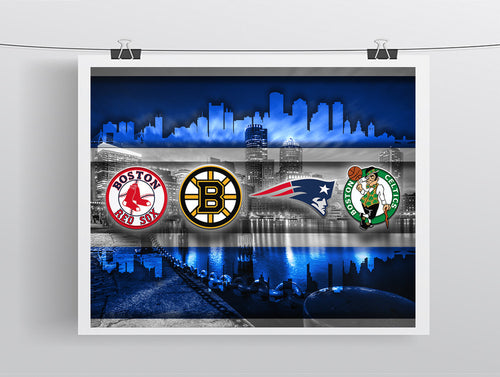 Boston Sports Teams In Front 2 Of Skyline Poster, New England Patriots, Boston Celtics, Bruins, Red Sox Man Cave, Gift