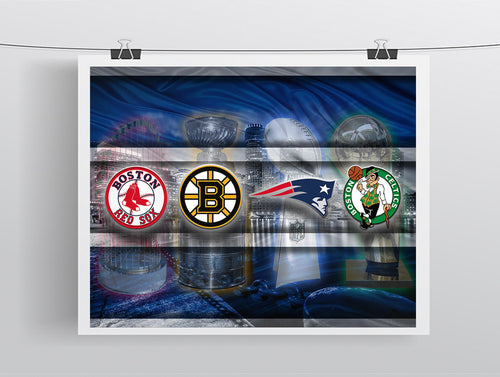 Boston Championship Sports Teams Poster, New England Patriots, Boston Celtics, Bruins, Red Sox Man Cave, Gift