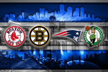Boston Sports Teams In Front 2 Of Skyline Poster, New England Patriots, Boston Celtics, Bruins, Red Sox Man Cave, Gift