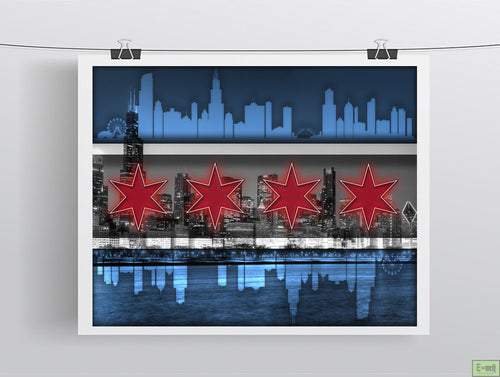 Chicago Flag Poster, Chicago Skyline Gift, Chicago Illinois Flag Skyline Man Cave, Home Decor Gift Art