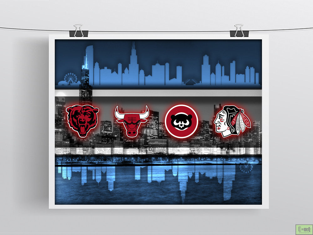 Chicago Sports Teams Poster, Chicago Cubs  Bulls Blackhawks White Sox,  Bears