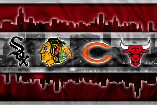 Chicago Sports Teams Poster – Cubs, Bulls, Blackhawks, White Sox, Bears – Chicago Map & Skyline Wall Art