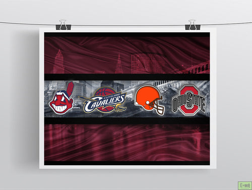 Ohio Sports Teams Poster, Ohio State, Cleveland CAVALIERS, Cleveland INDIANS, Cleveland BROWNS, Cavs