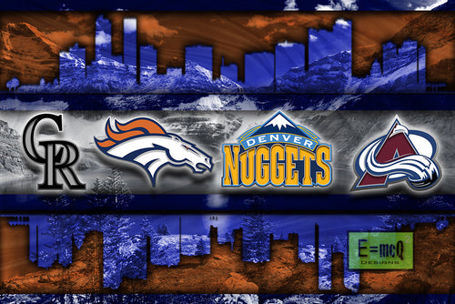 Denver Sports Poster, Denver BRONCOS, NUGGETS, Colorado ROCKIES, Colorado AVALANCHE Artwork,  Denver Skyline Art