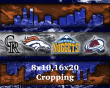 Denver Sports Poster, Denver BRONCOS, NUGGETS, Colorado ROCKIES, Colorado AVALANCHE Artwork,  Denver Skyline,