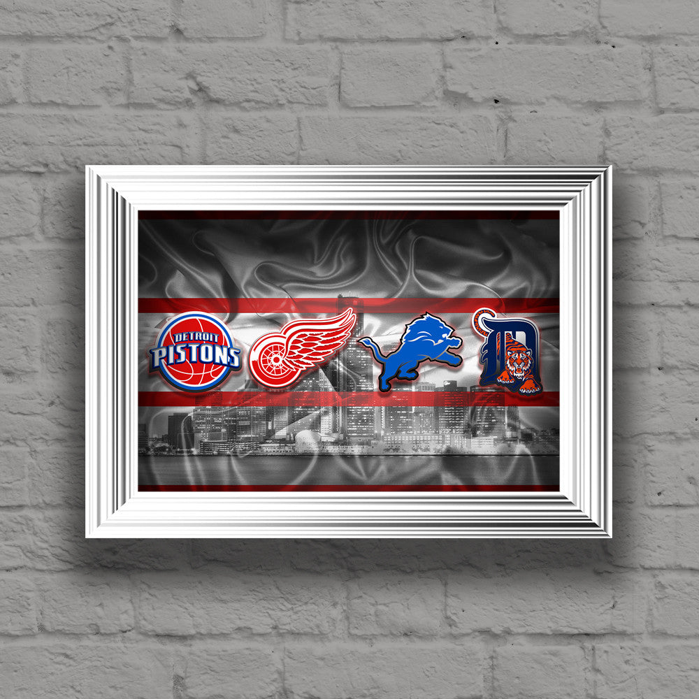 Detroit Sports Teams Poster, Lions, Tigers, Pistons, Red Wings Poster