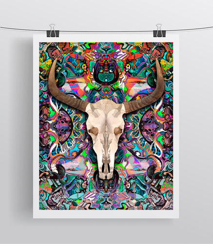 Cow Skull Fine Art, Greek Mythology Inspired Bull/Cow Skull Colorful Print