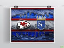 Kansas City Sports Poster, Kansas City Missouri Sports  Artwork, Chiefs and Royals in front of KC Skyline, Chiefs Royals Gift