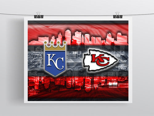 Kansas City Sports In Front Of Skyline Poster, Kansas City Missouri Sports  Artwork, Chiefs and Royals in front of KC Skyline, Chiefs Royals Gift