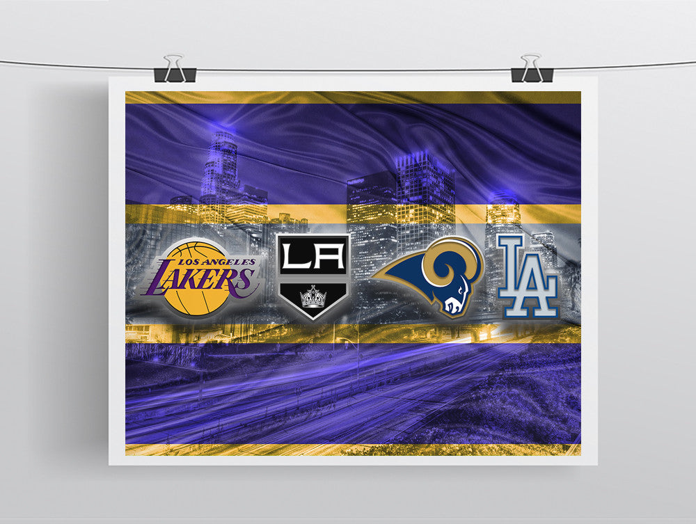 Los Angeles Sports Teams Poster, Los Angeles Dodgers, LA Kings LA Lakers, LA Rams, Man Cave Art