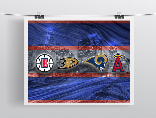 Los Angeles Sports Teams 2 Poster, Los Angeles Angels, Anaheim Ducks LA Clippers, LA Rams, Man Cave Art