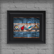 Miami Sports Poster, Miami Dolphins, Marlins, Heat, Florida Panthers, Miami Skyline