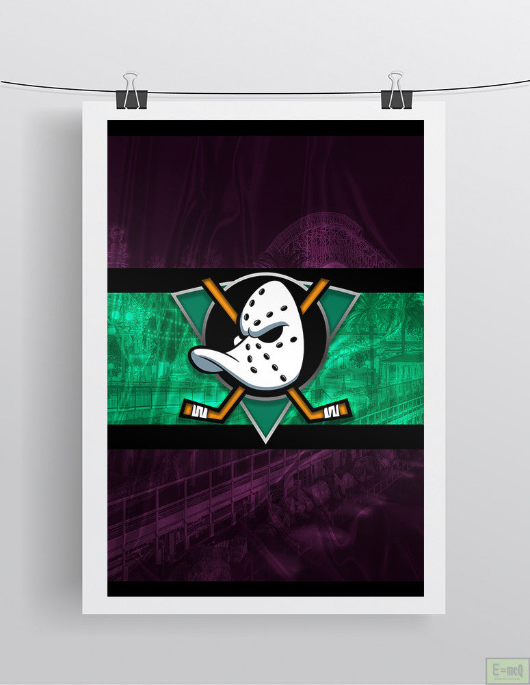 Anaheim Ducks Hockey Poster, Anaheim Mighty Ducks Retro Logo in front of skyline, Ducks Print