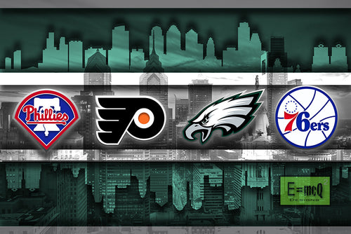Philadelphia Sports Teams Poster Eagles, Phillies, Flyers, Sixers Skyline Artwork Philly Sports Wall Art