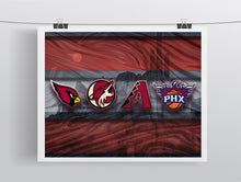Phoenix Sports Poster, Phoenix Arizona Sports Artwork, AZ Cardinals, Coyotes, Suns D-Backs in front Desert, Arizona Man Cave