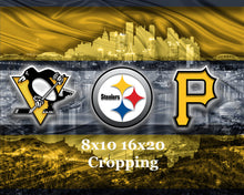 Pittsburgh Sports Teams In Front of Skyline Poster, Pittsburgh Steelers, Pittsburgh Pirates, Pittsburgh Penguins Art